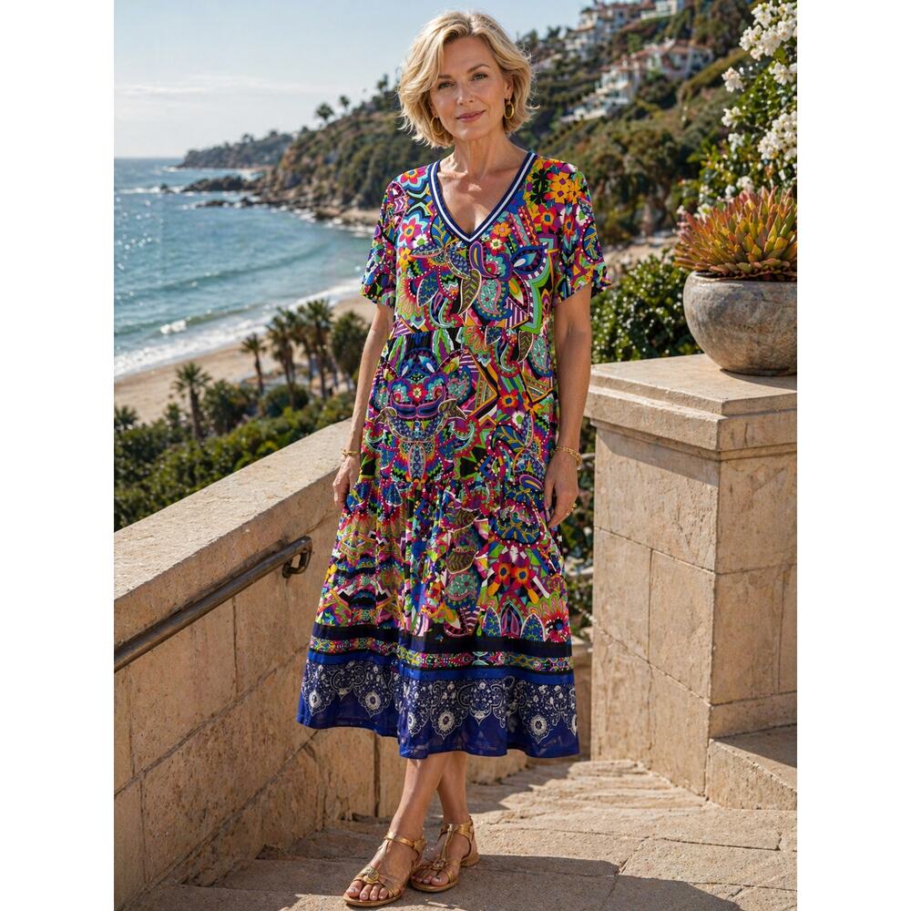 Johnny Was "The Janie Favorite Tiered Tea Length Dress" in the Demarne print XL